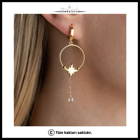 925 Ayar Gümüş Yıldız Detaylı Halka Küpe | Sallantılı Taşlı Gold