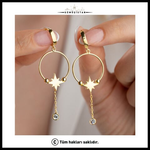 925 Ayar Gümüş Yıldız Detaylı Halka Küpe | Sallantılı Taşlı Gold
