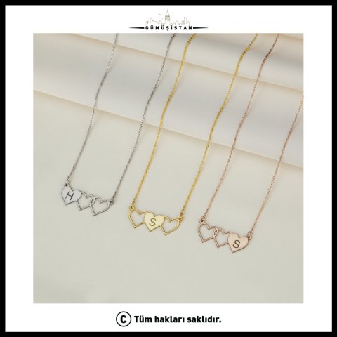 Kişiye Özel 3 Kalpli Harf Kolye – Baş Harfli Aile ve Anne Kolyesi