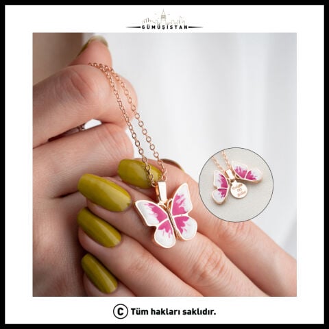 Kişiye Özel Açılır Kelebek Kolye – İsim, Tarih ve Mesaj Yazılabilir Rose Gold Kaplama Kadın Kolyesi