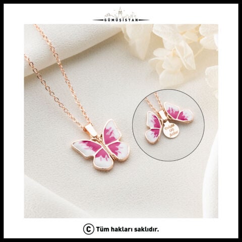 Kişiye Özel Açılır Kelebek Kolye – İsim, Tarih ve Mesaj Yazılabilir Rose Gold Kaplama Kadın Kolyesi