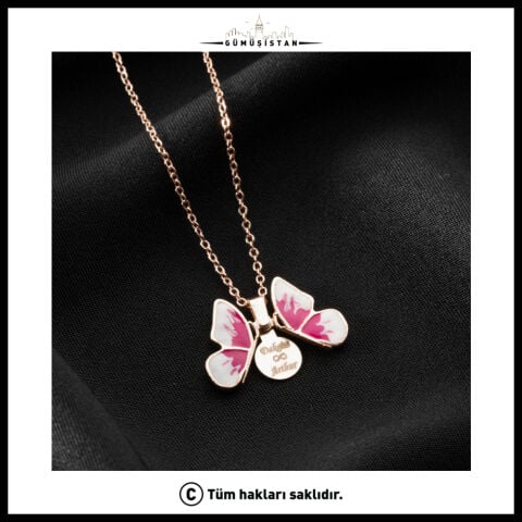 Kişiye Özel Açılır Kelebek Kolye – İsim, Tarih ve Mesaj Yazılabilir Rose Gold Kaplama Kadın Kolyesi