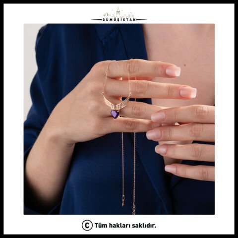 925 Ayar Gümüş Kanat ve Kalp Taş Detaylı Kolye