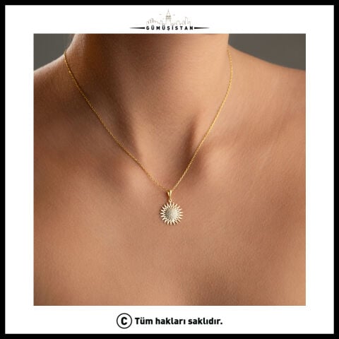 925 Ayar Gümüş Taşlı Güneş Figürlü Işıltılı Kadın Kolye