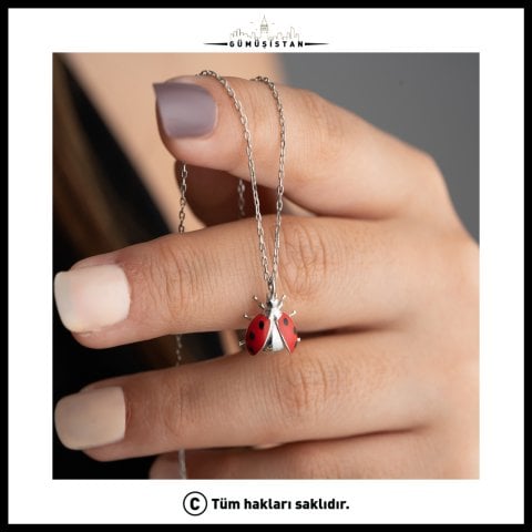 Uğur Böceği Figürlü Mineli Kolye – Kırmızı Siyah Detaylı Kadın Kolyesi