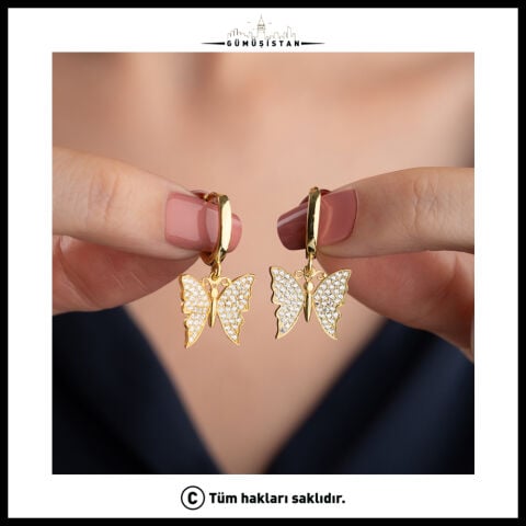 925 Ayar Gümüş Zirkon Taşlı Kelebek Küpe – Gümüş Renk Sallantılı Halka Küpe