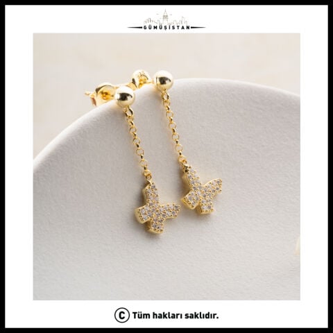 925 Ayar Gümüş Gold Taşlı Kelebek Figürlü Zincir Sallantılı Küpe