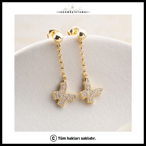 925 Ayar Gümüş Gold Taşlı Kelebek Figürlü Zincir Sallantılı Küpe