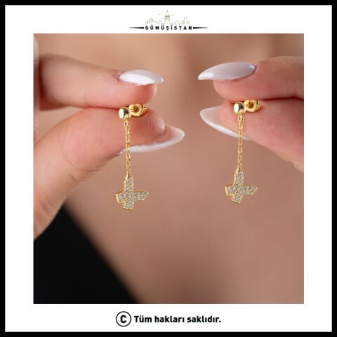 925 Ayar Gümüş Gold Taşlı Kelebek Figürlü Zincir Sallantılı Küpe