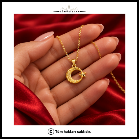 14 Ayar Altın Kaplama Ay Yıldız Kolye – Dokulu Hilal Tasarımlı Kadın Kolyesi