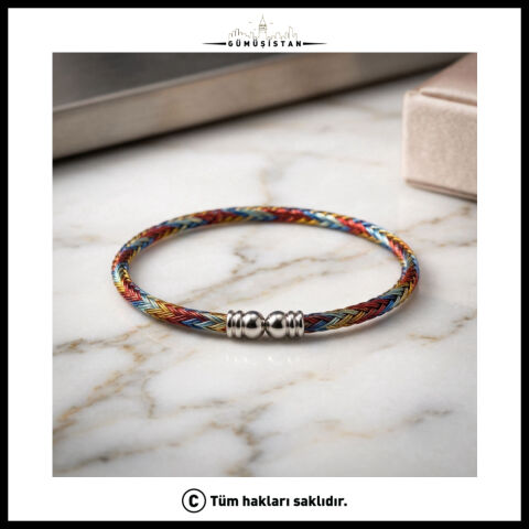Çok Renkli Örgü Deri Erkek Bileklik – Çelik Detaylı Modern Tasarım