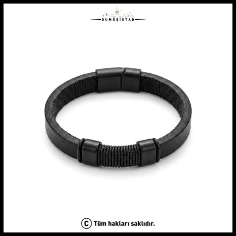 Siyah Deri Erkek Bileklik – Çelik Halat Detaylı Mıknatıslı Minimal Tasarım