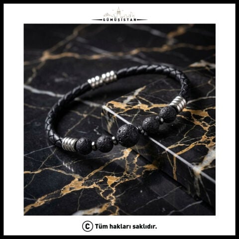 Lav Taşı Detaylı Örgü Siyah Deri ve Çelik Erkek Bileklik