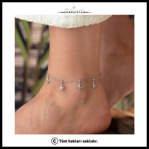 925 Ayar Gümüş Zirkon Taşlı Fleur de Lis Halhal – Sallantılı Zambak Figürlü Kadın Halhalı