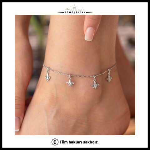 925 Ayar Gümüş Zirkon Taşlı Fleur de Lis Halhal – Sallantılı Zambak Figürlü Kadın Halhalı