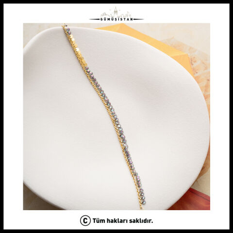925 Ayar Gümüş Kristal Taşlı Pullu Halhal – Işıltılı Gold Sallantılı Kadın Halhalı