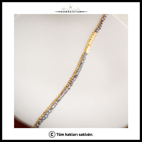 925 Ayar Gümüş Kristal Taşlı Pullu Halhal – Işıltılı Gold Sallantılı Kadın Halhalı