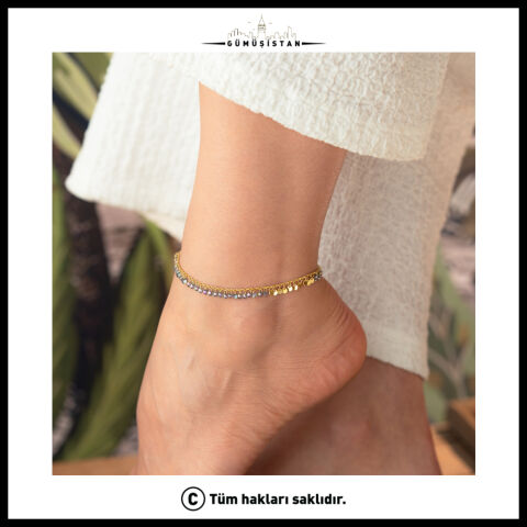 925 Ayar Gümüş Kristal Taşlı Pullu Halhal – Işıltılı Gold Sallantılı Kadın Halhalı