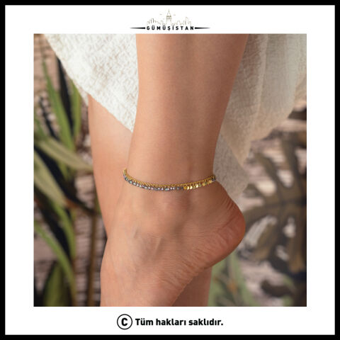 925 Ayar Gümüş Kristal Taşlı Pullu Halhal – Işıltılı Gold Sallantılı Kadın Halhalı