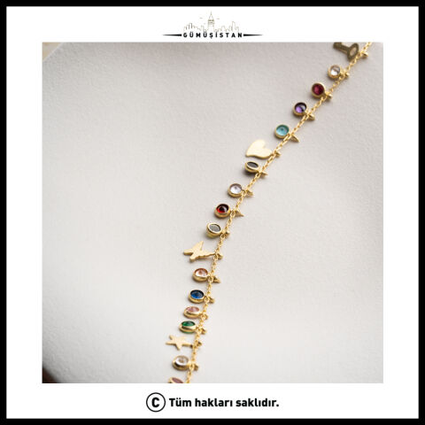 925 Ayar Gümüş Renkli Taşlı Kalp ve Kelebek Figürlü Halhal – Gold Kadın Ayak Bilekliği