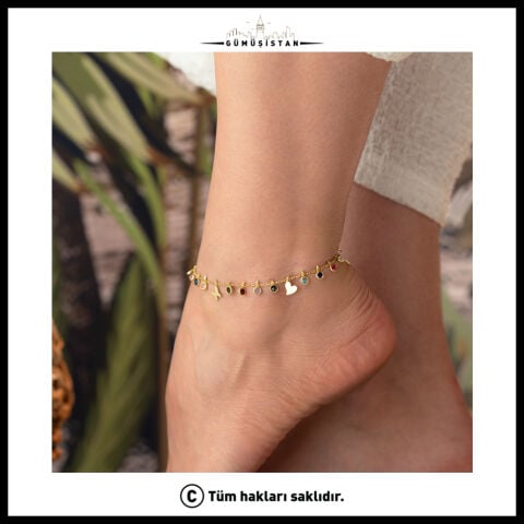 925 Ayar Gümüş Renkli Taşlı Kalp ve Kelebek Figürlü Halhal – Gold Kadın Ayak Bilekliği