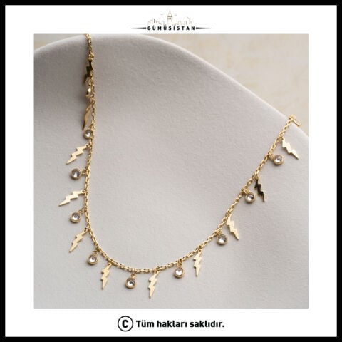 925 Ayar Gümüş Şimşek Figürlü Taşlı Halhal – Gold Sallantılı Kadın Ayak Bilekliği