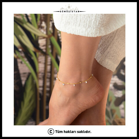 925 Ayar Gümüş Sallantılı Taşlı Halhal – Minimal Gold Kadın Ayak Bilekliği