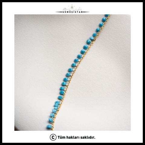 925 Ayar Gümüş Turkuaz Taşlı Halhal – Sallantılı Mavi Taşlı Gold Kadın Ayak Bilekliği