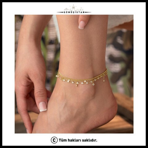 925 Ayar Gümüş Üçlü Zincir Taşlı Halhal – Gold Çok Katmanlı Sallantılı Zirkon Ayak Bilekliği