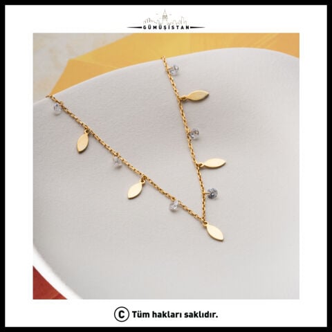 925 Ayar Gümüş Yaprak ve Zirkon Taşlı Halhal – Gold Sallantılı Zarif Kadın Halhal