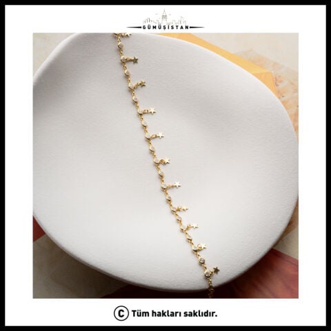 925 Ayar Gümüş Yıldız Sallantılı Zirkon Taşlı Halhal – Gold Kadın Ayak Bilekliği