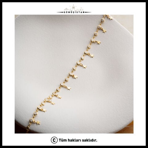 925 Ayar Gümüş Yıldız Sallantılı Zirkon Taşlı Halhal – Gold Kadın Ayak Bilekliği