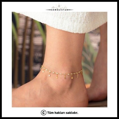 925 Ayar Gümüş Yıldız Sallantılı Zirkon Taşlı Halhal – Gold Kadın Ayak Bilekliği