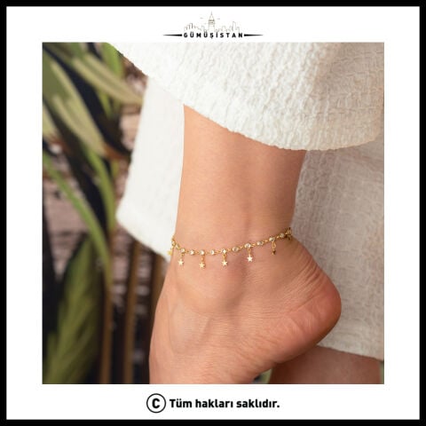 925 Ayar Gümüş Yıldız Sallantılı Zirkon Taşlı Halhal – Gold Kadın Ayak Bilekliği