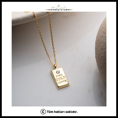 925 Ayar Gümüş Gold Külçe Kolye – Zirkon Taşlı Fine Gold Bar Kadın Kolye
