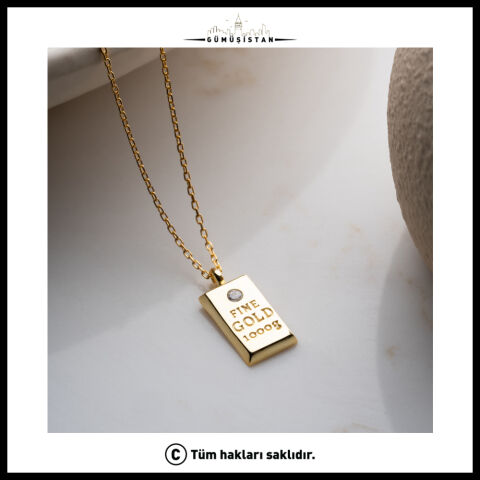 925 Ayar Gümüş Gold Külçe Kolye – Zirkon Taşlı Fine Gold Bar Kadın Kolye