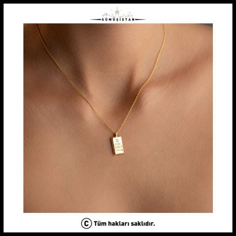 925 Ayar Gümüş Gold Külçe Kolye – Zirkon Taşlı Fine Gold Bar Kadın Kolye