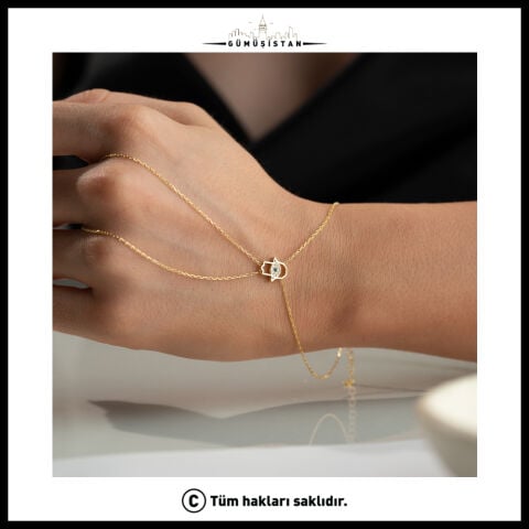 925 Ayar Gümüş Fatma Ana Eli Şahmeran Bileklik – Zirkon Taşlı Göz Figürlü Gold El Zinciri