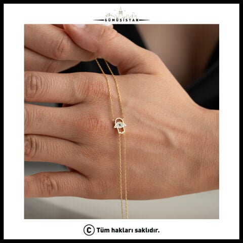 925 Ayar Gümüş Fatma Ana Eli Şahmeran Bileklik – Zirkon Taşlı Göz Figürlü Gold El Zinciri