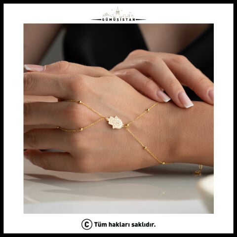 925 Ayar Gümüş Fatma Ana Eli Şahmeran Bileklik – Hamsa Göz Figürlü Dorika Toplu Gold El Zinciri