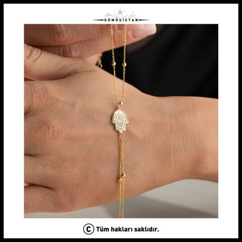 925 Ayar Gümüş Fatma Ana Eli Şahmeran Bileklik – Hamsa Göz Figürlü Dorika Toplu Gold El Zinciri