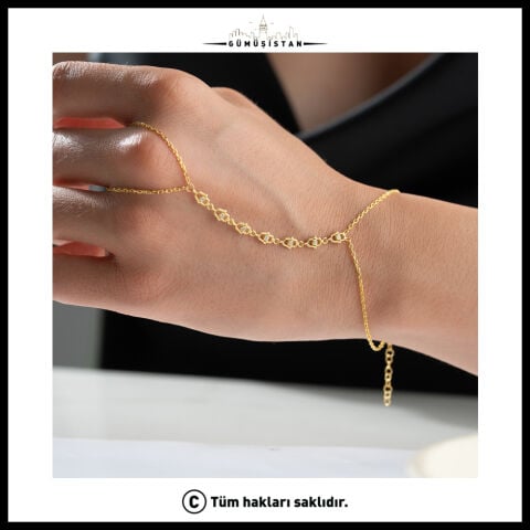 925 Ayar Gümüş Fatma Ana Eli Şahmeran Bileklik – Zirkon Taşlı Hamsa Figürlü Gold El Zinciri