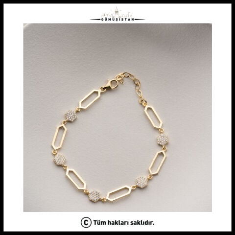 925 Ayar Gümüş Zirkon Taşlı Geometrik Bileklik – Gold Altıgen ve Dikdörtgen Figürlü Kadın Bileklik