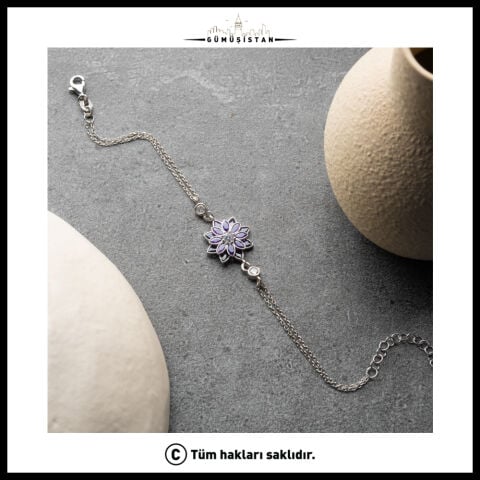 925 Ayar Gümüş Mor Lotus Çiçeği Bileklik – Zirkon Taşlı Çiçek Figürlü Kadın Bileklik