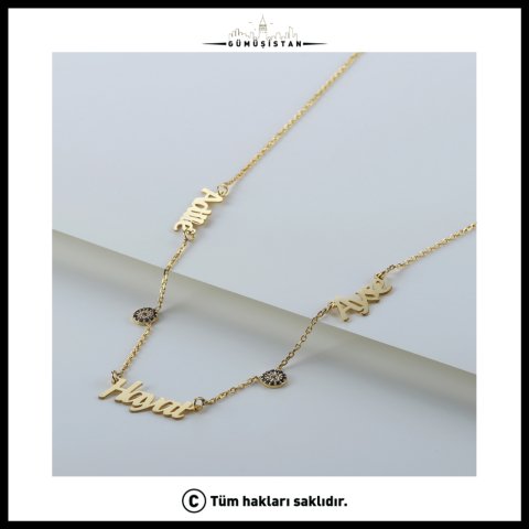 Kişiye Özel 3 İsimli Nazar Boncuklu Aile Kolyesi – 925 Ayar Gümüş
