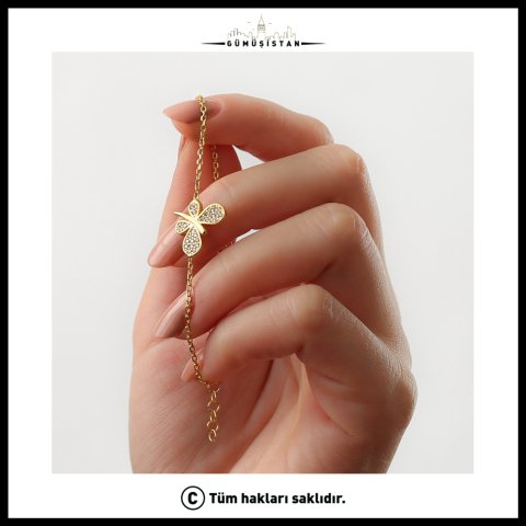 Zirkon Taşlı Kelebek Bileklik – 925 Ayar Gümüş Zarif Kadın Bileklik