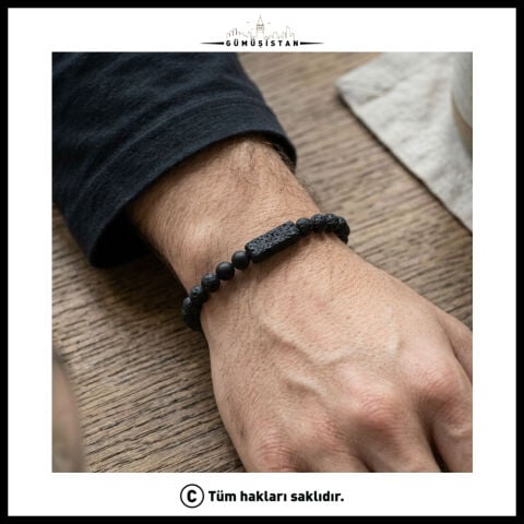 Siyah Lav Taşı Silindir Detaylı Ayarlanabilir Erkek Doğal Taş Bileklik