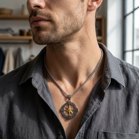 Viking Pusulası Vegvisir Rün Sembollü Çelik Erkek Kolye – İskandinav Nordic Tasarım