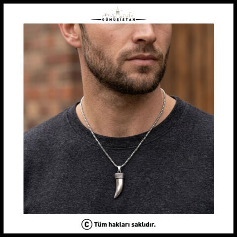 Kurt Dişi Figürlü Çelik Erkek Kolye – Viking Stil Diş Kolye