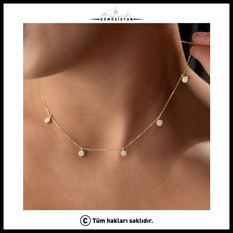 925 Ayar Gümüş Taşlı Yuvarlak Charm Sallantılı Minimal Kadın Kolye